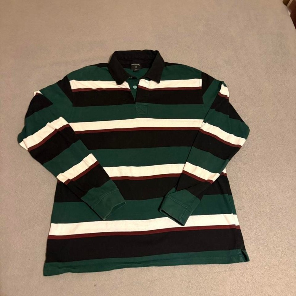 Burnside Green Black Brown, striped long sleeve rugby polo shirt Size Large‎